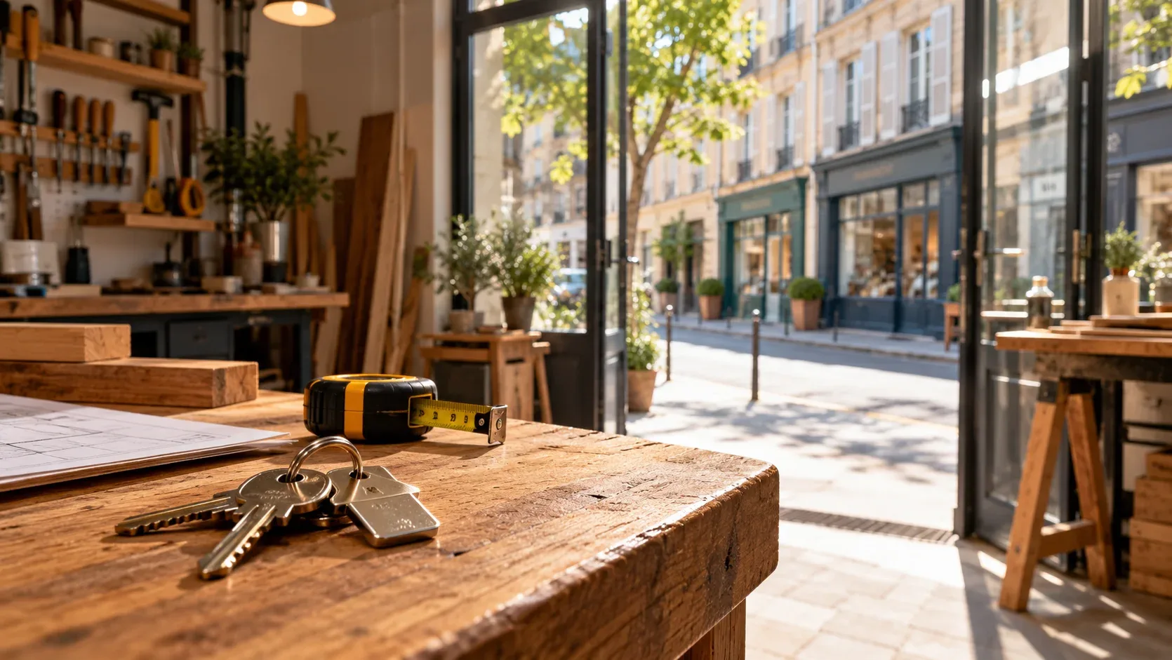 Clés et mètre ruban sur l'établi d'un atelier artisanal donnant sur une rue commerçante.
