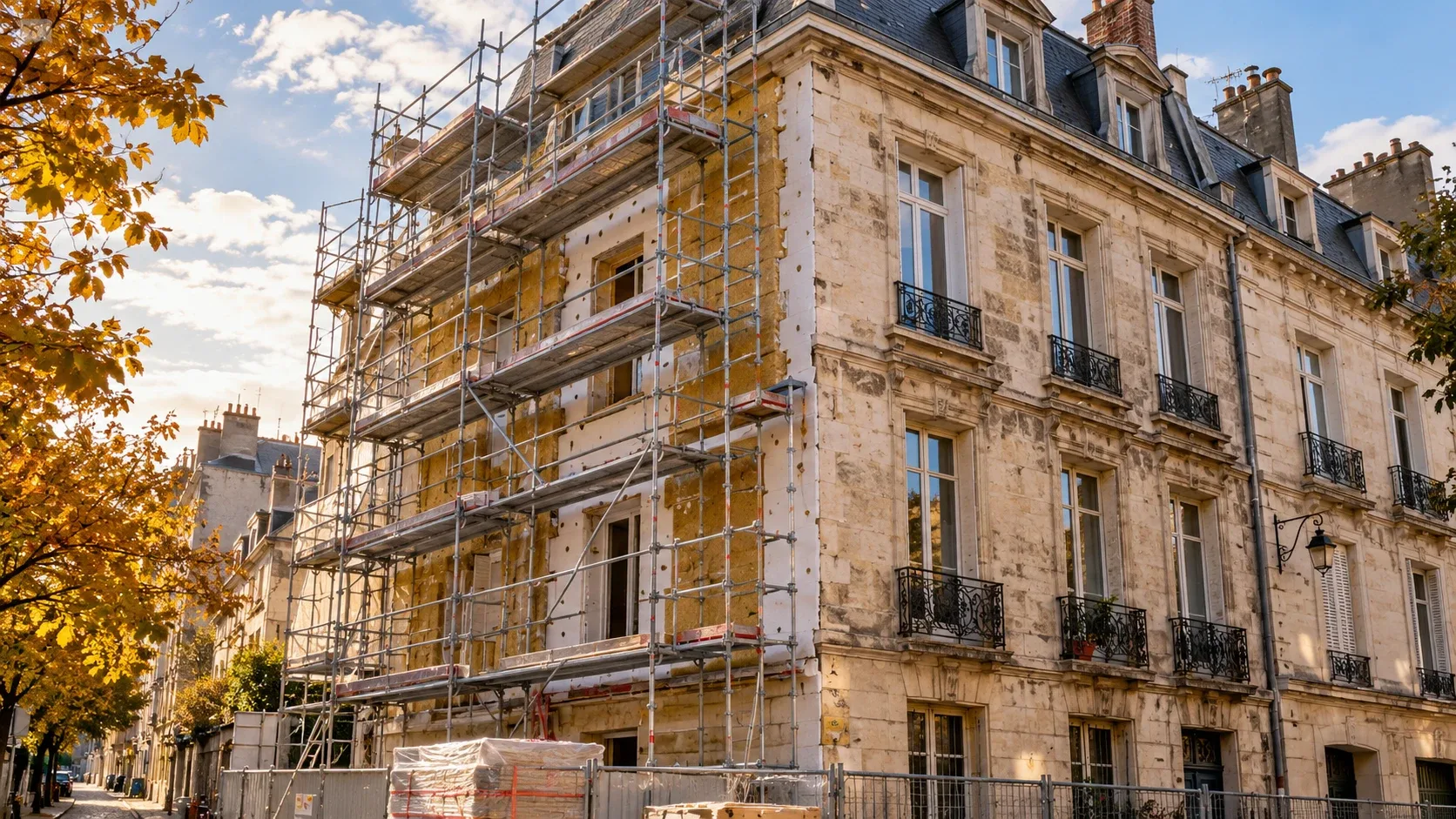 Façade d'un immeuble ancien en rénovation énergétique avec échafaudages et travaux d'isolation.