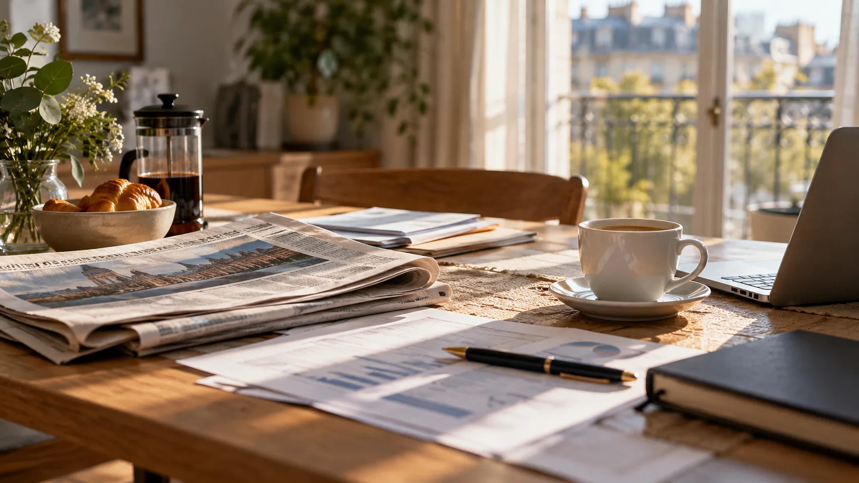 Table de petit-déjeuner avec journaux économiques, documents financiers et café, dans une pièce éclairée par la lumière naturelle.
