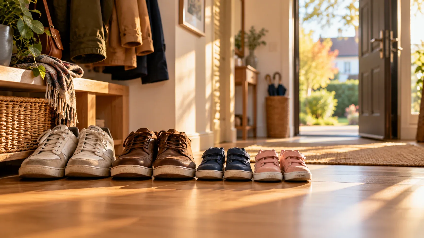 Chaussures de deux adultes et de deux enfants alignées dans l'entrée lumineuse d'une maison familiale.