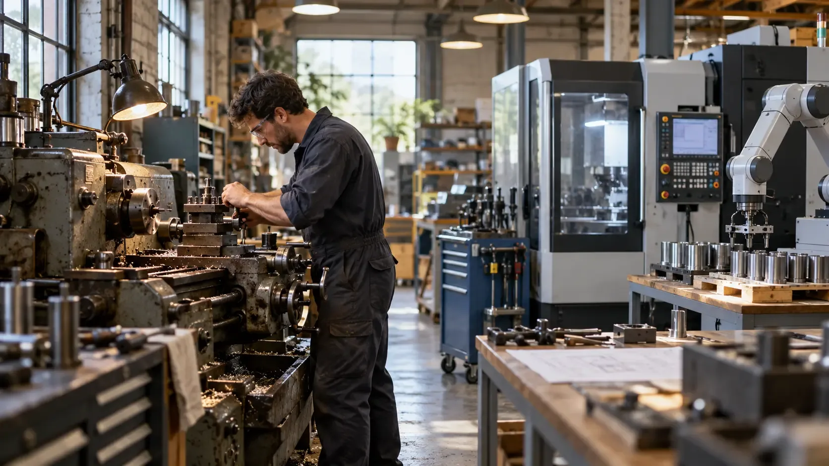 Un technicien travaille dans un atelier industriel où coexistent des machines traditionnelles et des équipements de production modernes, illustrant la destruction créatrice et l'évolution des technologies.
