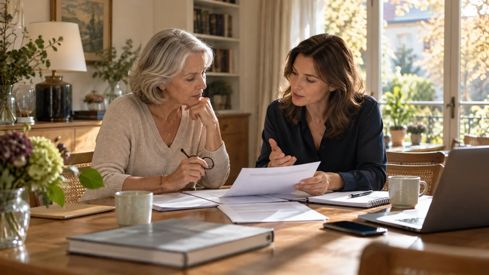Une mère et sa fille discutent de documents patrimoniaux autour d'une table, dans une maison éclairée par la lumière naturelle.