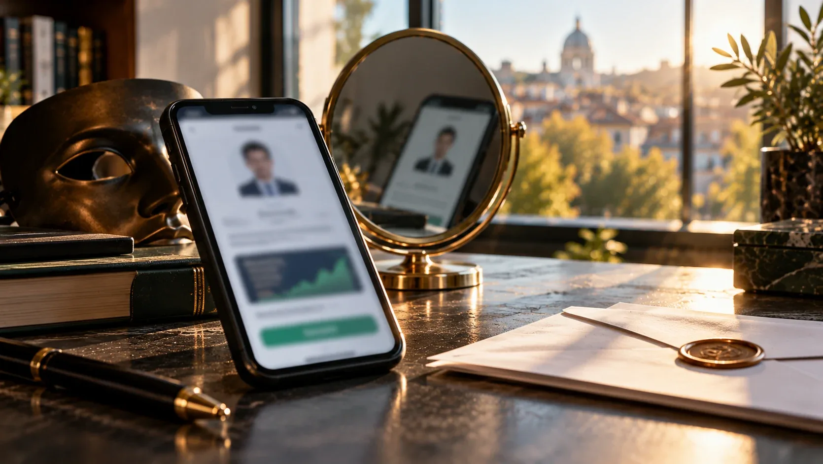 Masque sombre, téléphone affichant un profil financier flouté et miroir sur une table, évoquant l'usurpation d'identité.