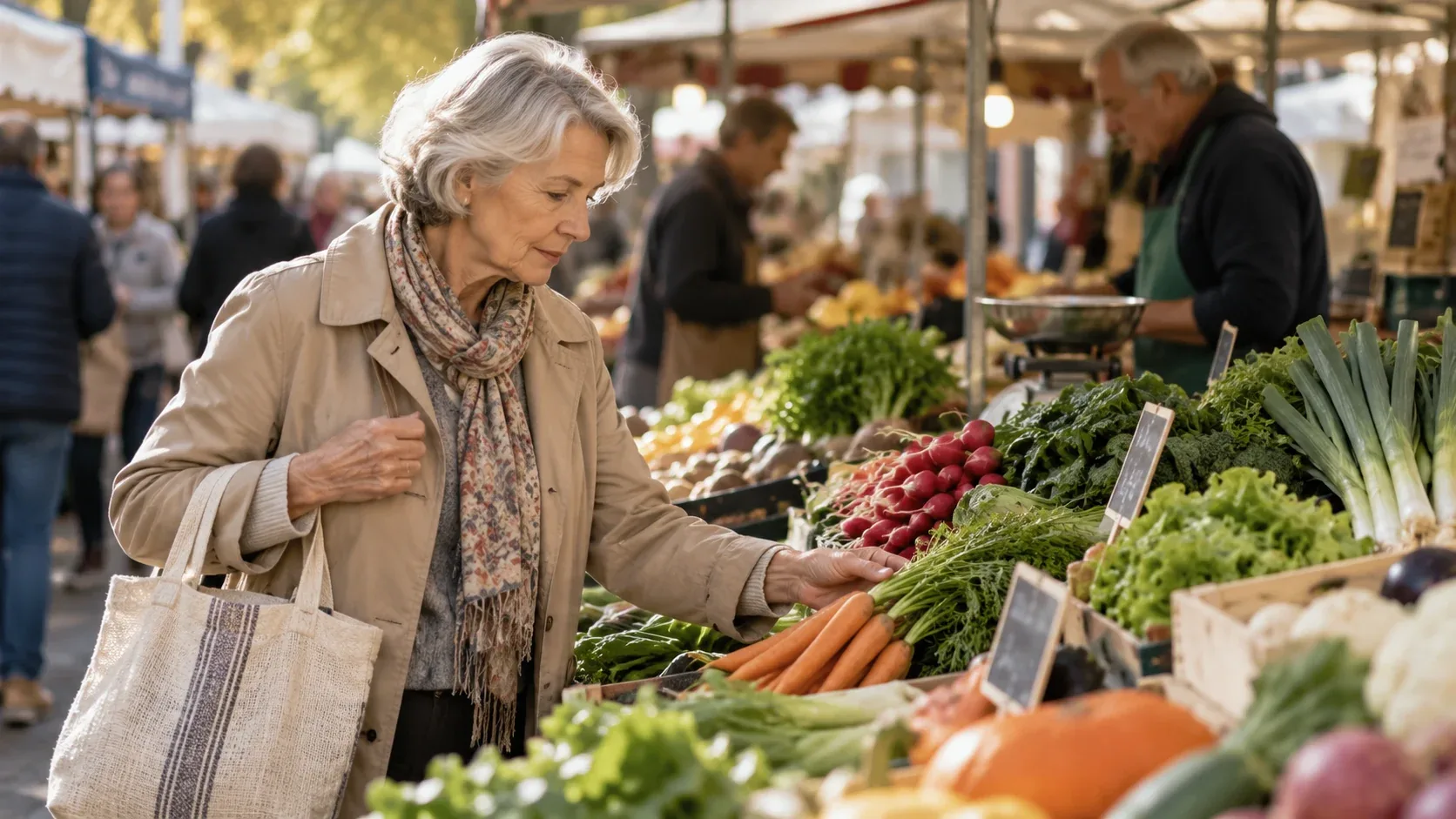 Une femme retraitée choisit des légumes sur un marché de quartier, illustrant les dépenses quotidiennes et le niveau de vie à la retraite.