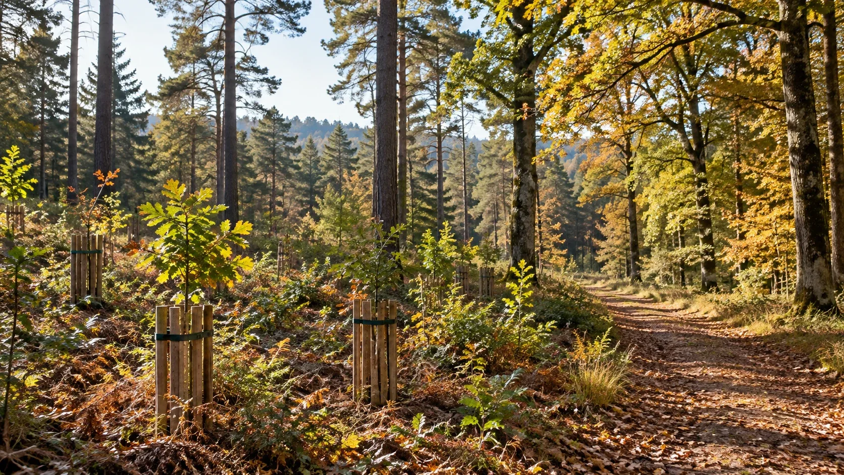 Jeunes arbres protégés et massifs forestiers diversifiés dans une forêt française, illustrant la gestion durable et l'investissement forestier à long terme.