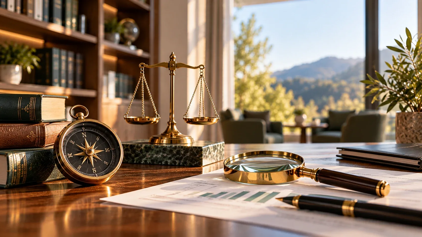Une boussole, une balance et une loupe sur une table, symbolisant l'analyse et les vérifications nécessaires avant un conseil financier.