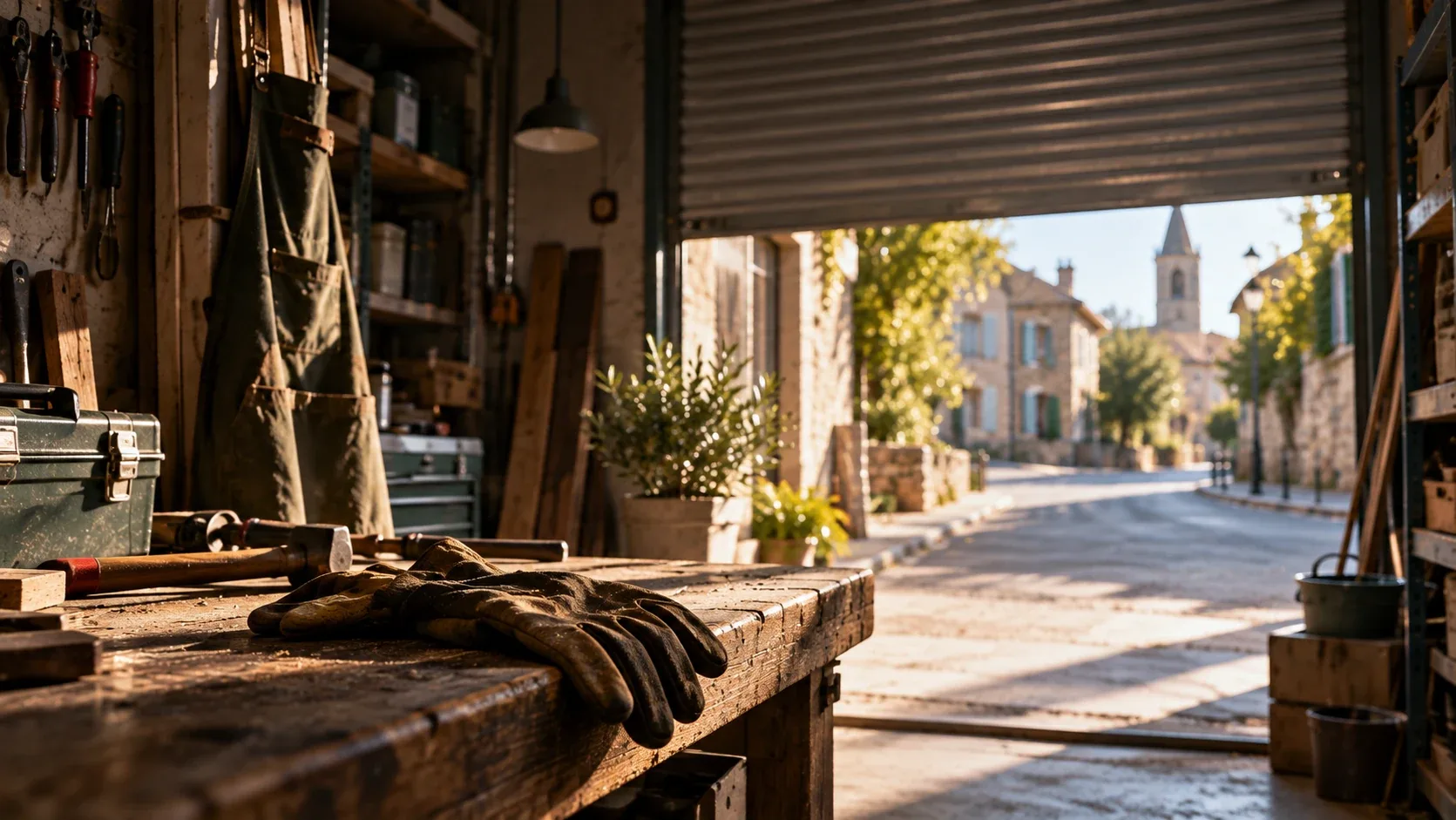Atelier artisanal désert, gants et outils posés sur un établi devant un rideau métallique partiellement fermé.