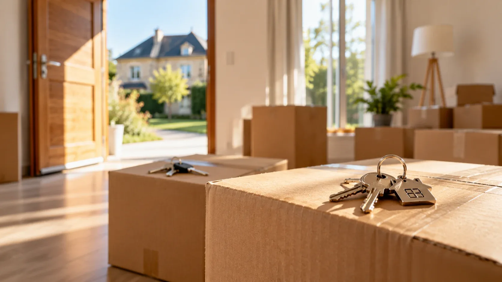 Deux trousseaux de clés posés sur des cartons de déménagement dans une maison lumineuse, porte d'entrée ouverte.