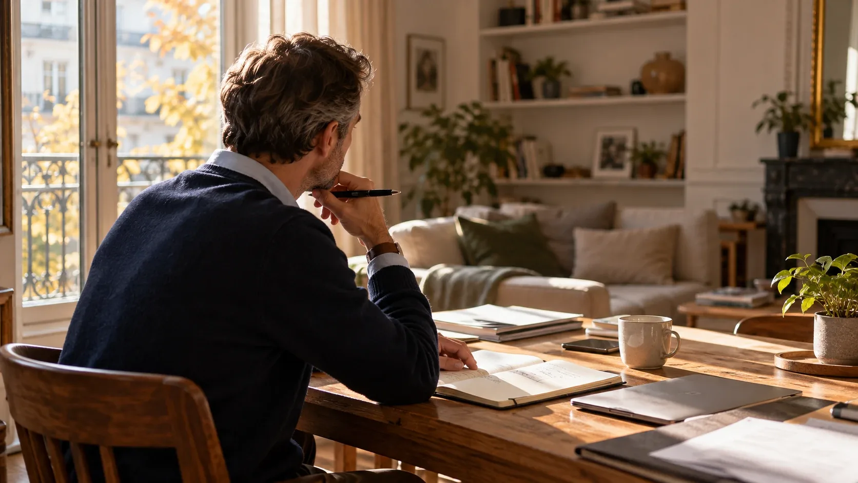 Une personne examine ses documents financiers et organise ses projets dans un carnet, assise à une table près d'une fenêtre éclairée par la lumière naturelle.