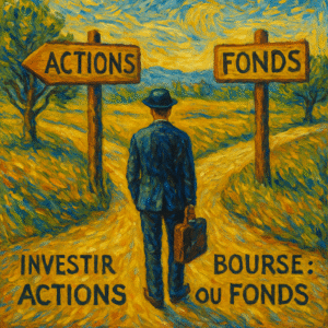 Peinture impressionniste style Van Gogh illustrant la comparaison entre actions directes et fonds d’investissement en bourse.