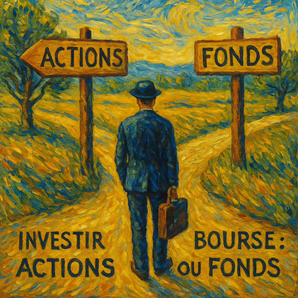 Peinture impressionniste style Van Gogh illustrant la comparaison entre actions directes et fonds d’investissement en bourse.