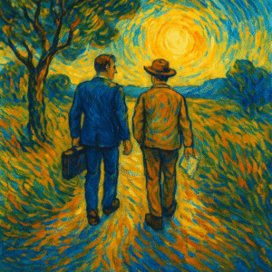 Accompagnement patrimonial : illustration style Van Gogh d’un conseiller et d’un client avançant ensemble sur le long terme, en tiers de confiance.