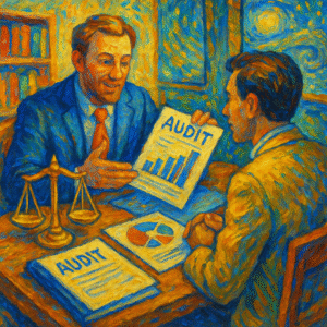 Audit patrimonial : illustration style Van Gogh d’un conseiller analysant la situation patrimoniale d’un client.