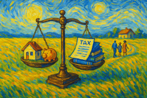 Illustration style Van Gogh joyeux représentant l’équilibre entre immobilier, finance et projets de vie – conseil en gestion de patrimoine global
