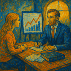 Mise en concurrence des contrats d’assurance : illustration style Van Gogh de deux personnes comparant des contrats autour d’une balance, symbole de l’équilibre garanties/prix.