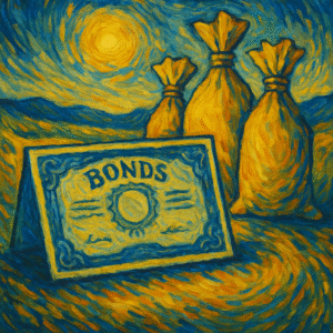 Obligations : illustration style Van Gogh représentant des titres financiers et un graphique en hausse.
