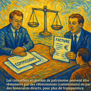 Rémunération des cabinets de gestion de patrimoine : rétrocessions et honoraires, illustration style Van Gogh.