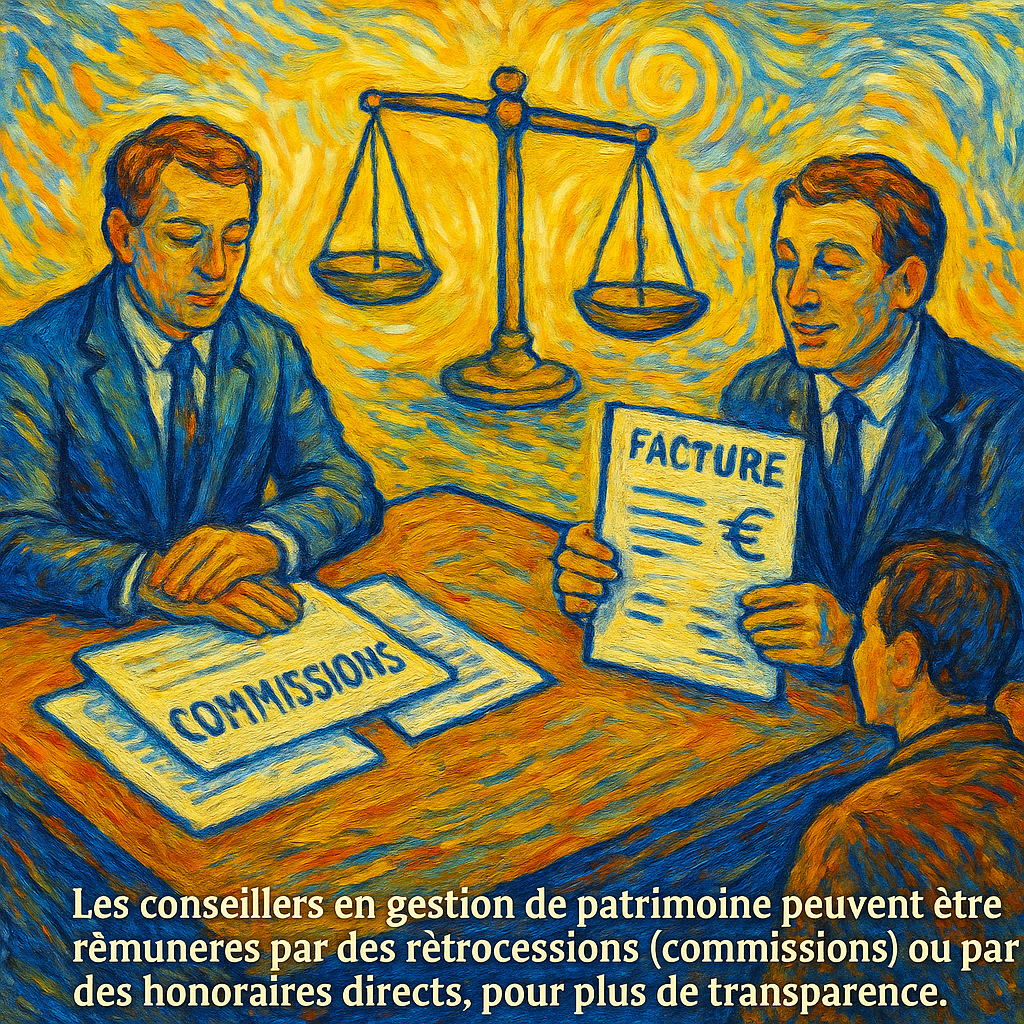 Rémunération des cabinets de gestion de patrimoine : rétrocessions et honoraires, illustration style Van Gogh.