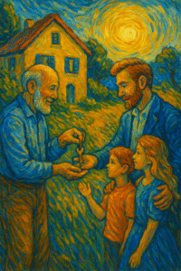 Société civile : illustration style Van Gogh d’une famille transmettant son patrimoine à la nouvelle génération