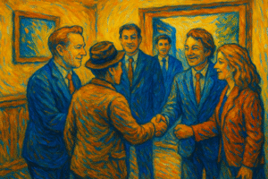 W Conseils : illustration style Van Gogh d’une équipe de conseillers accueillant des clients, symbole de confiance et de clarté.