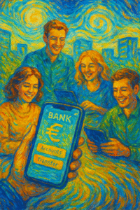 Illustration banque en ligne et nouvelles générations, style Van Gogh