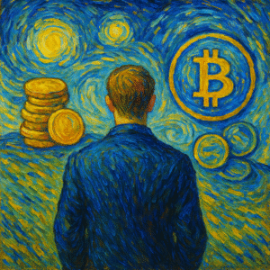 Illustration cryptomonnaie opportunité ou mirage style Van Gogh