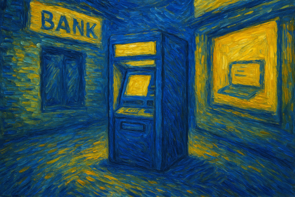 Peinture style Van Gogh sans texte représentant un distributeur automatique entre une banque traditionnelle et une banque en ligne