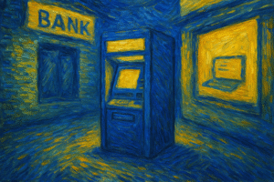 Peinture style Van Gogh sans texte représentant un distributeur automatique entre une banque traditionnelle et une banque en ligne