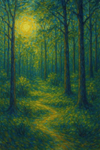 Illustration style Van Gogh d’une forêt française au lever du soleil, symbole d’un Groupement forestier d’investissement durable