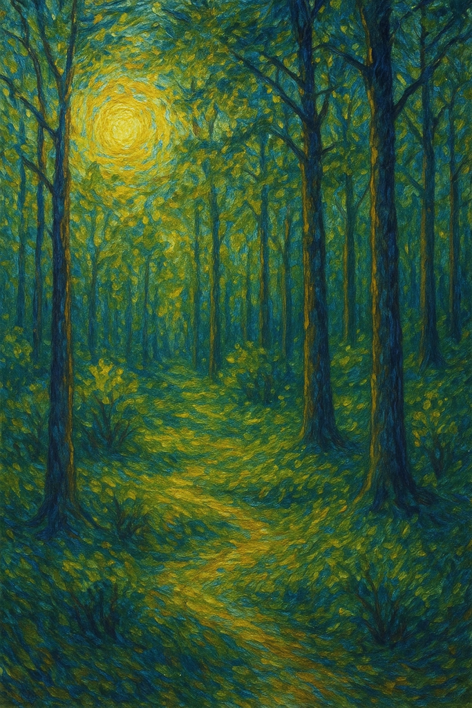 Illustration style Van Gogh d’une forêt française au lever du soleil, symbole d’un Groupement forestier d’investissement durable