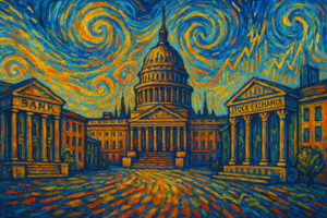 Peinture style Van Gogh illustrant la relation entre la politique et l’économie