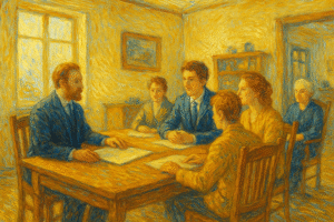 SARL de famille : transmission patrimoniale entre générations autour d’une table, ambiance lumineuse