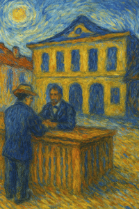 Peinture style Van Gogh représentant une banque symbolisant sa mission originelle