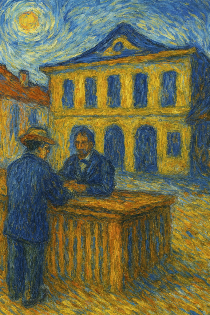 Peinture style Van Gogh représentant une banque symbolisant sa mission originelle