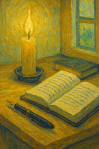 Conseil patrimonial humain : lumière dorée du matin sur un bureau en bois clair, carnet ouvert et stylo (style Van Gogh, sans texte).