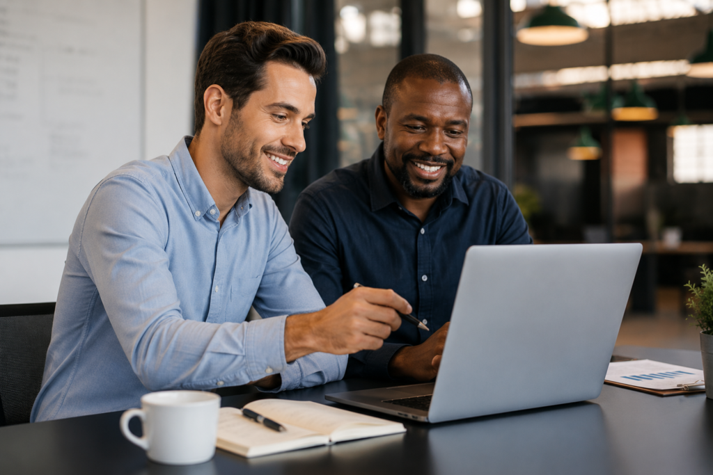 Deux professionnels collaborant autour d’un ordinateur portable dans un bureau moderne et lumineux