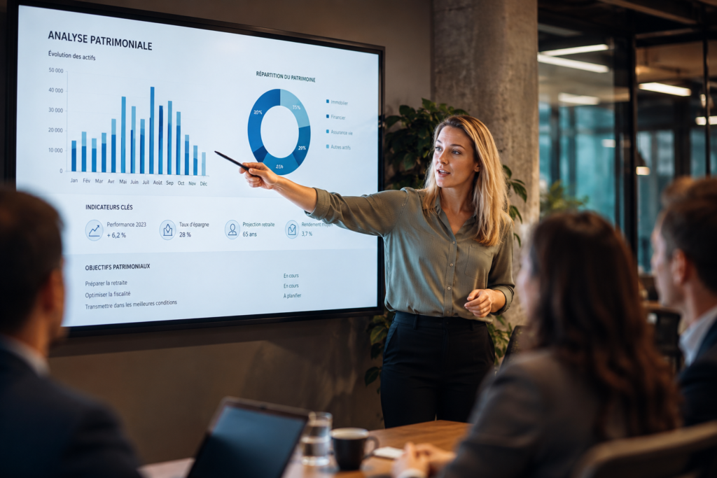 Conseillère en gestion de patrimoine présentant une analyse financière et des indicateurs de performance sur écran interactif chez W Conseils
